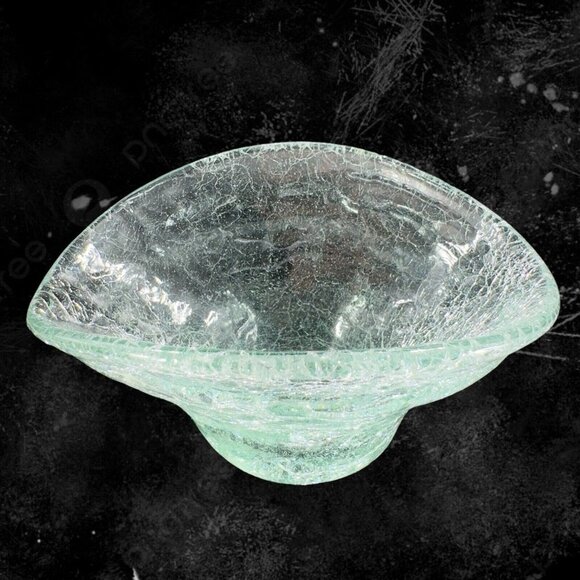 Hand Blown Clear Crackled Glass Folded Dish Bowl Hand Made Glass Decor Vintage - Picture 1 of 16